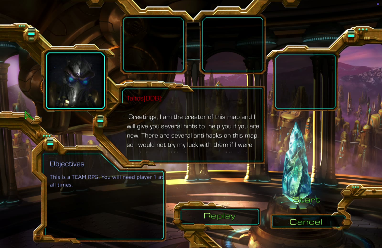 StarCraft mission briefing for Mekran's Will. A message from "Taltos[DDB]" begins "Greetings, I am the creator of this map and I will give you several hints," and the objectives read "This is a TEAM RPG. You will need player 1 at all times."