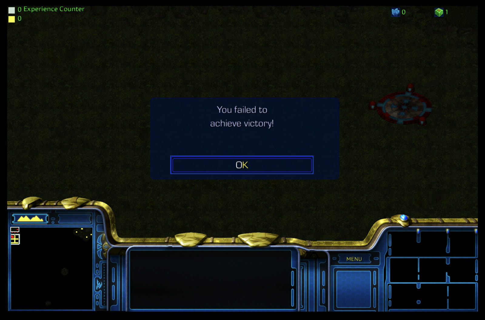 StarCraft displaying “You failed to achieve victory!” over the map's starting area.